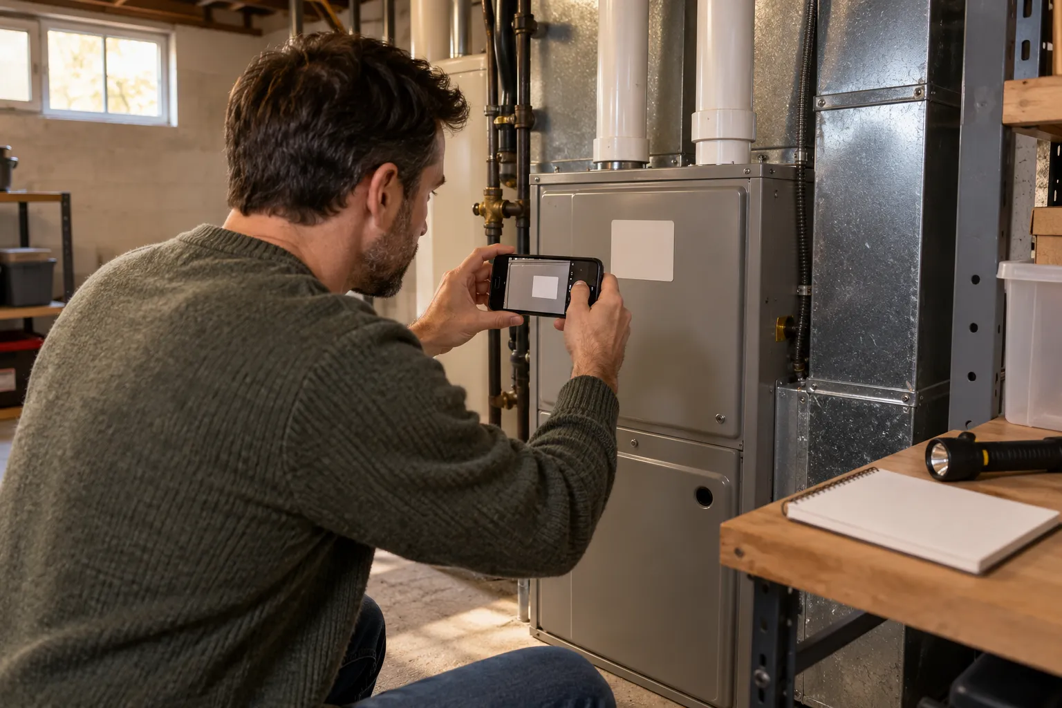 Homeowner checking the thermostat beside a gas furnace in a Johns Creek home